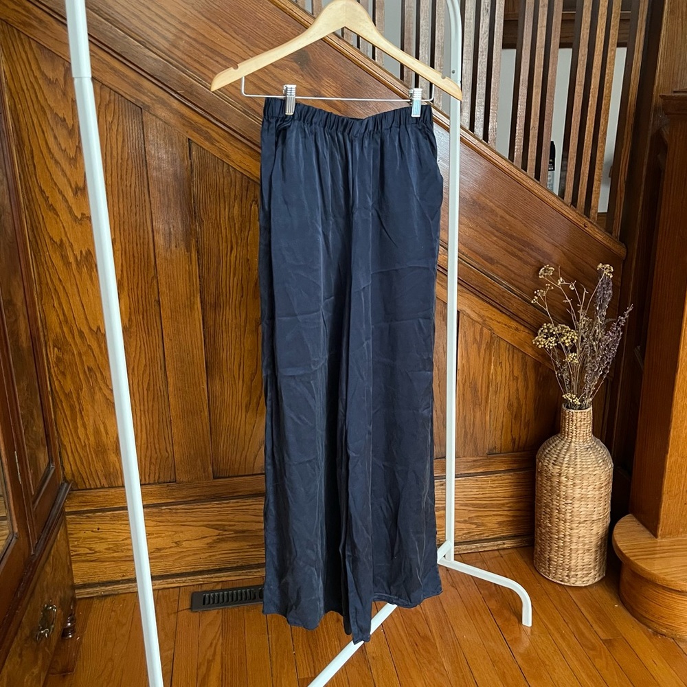 Navy Blue 100% Silk Silk Laundry Flowy Trousers Pants with elastic waist Small